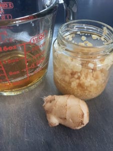 Ingredients for Old Amish Remedy: apple cider vinegar, garlic and ginger root