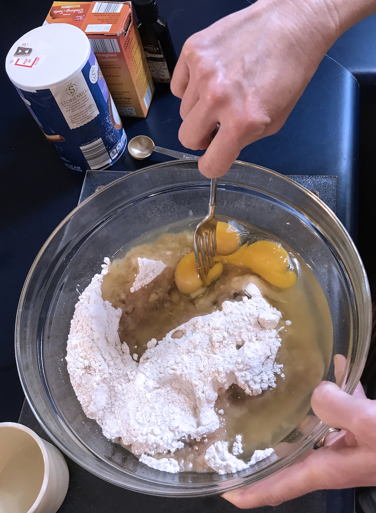 Beat the eggs right in the bowl with the banana bread batter