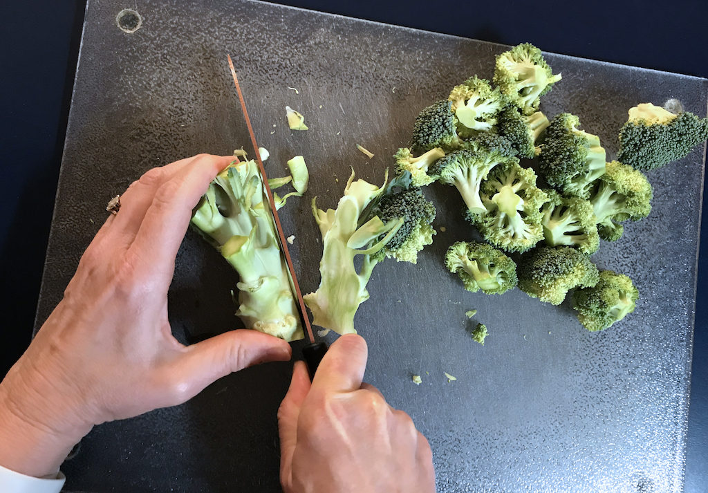 Skin broccoli stem down long sides and chop for an extra serving - frugal!