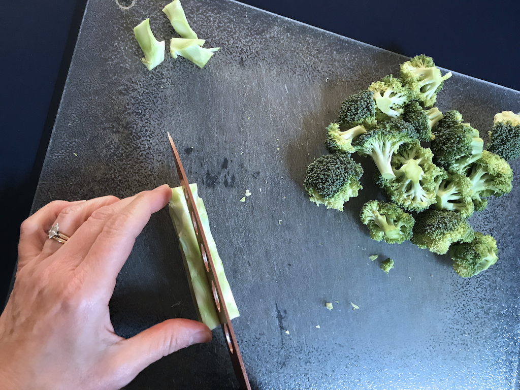 "Skinned" broccoli stem gets cut into cubes