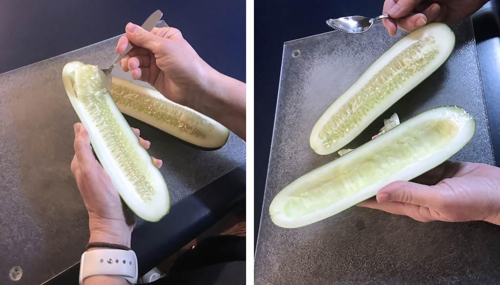 use grapefruit spoon to scoop out cucumber halves to stuff