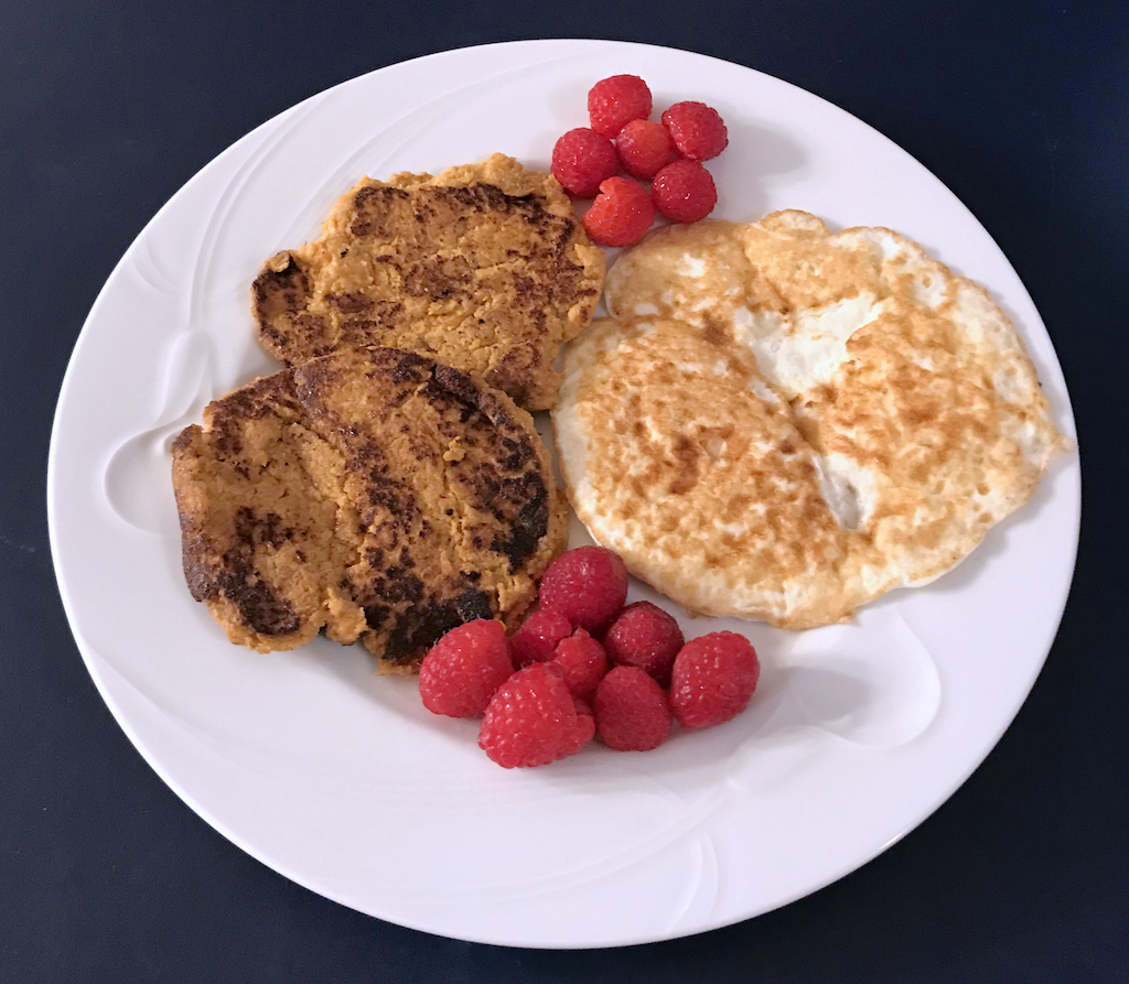 Mashed sweet potato pancakes, eggs, and raspberries...what a breakfast!