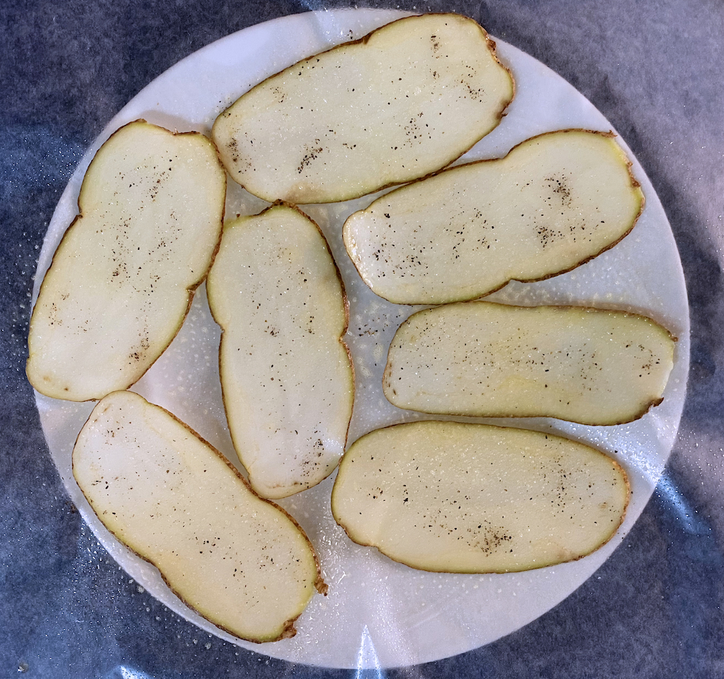 potato slices prepped for making microwave chips