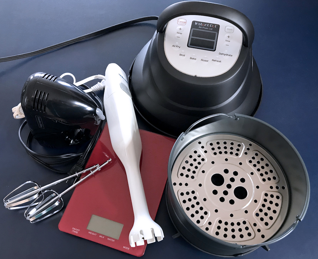 small kitchen appliances - hand mixer, immersion blender, digital scale, Instant Pot airfryer parts