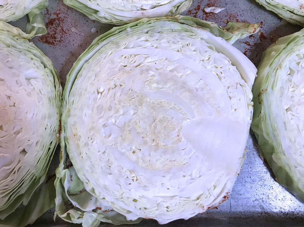 The core in a vertically sliced cabbage steak