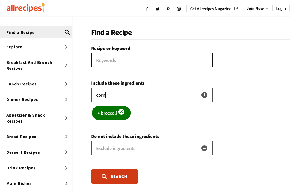 Allrecipes.com search by ingredient