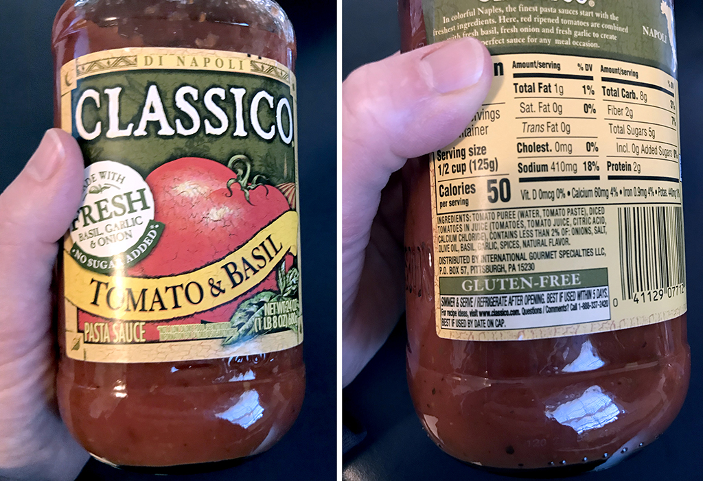 Classico tomato basil or roasted garlic pasta sauce is compliant