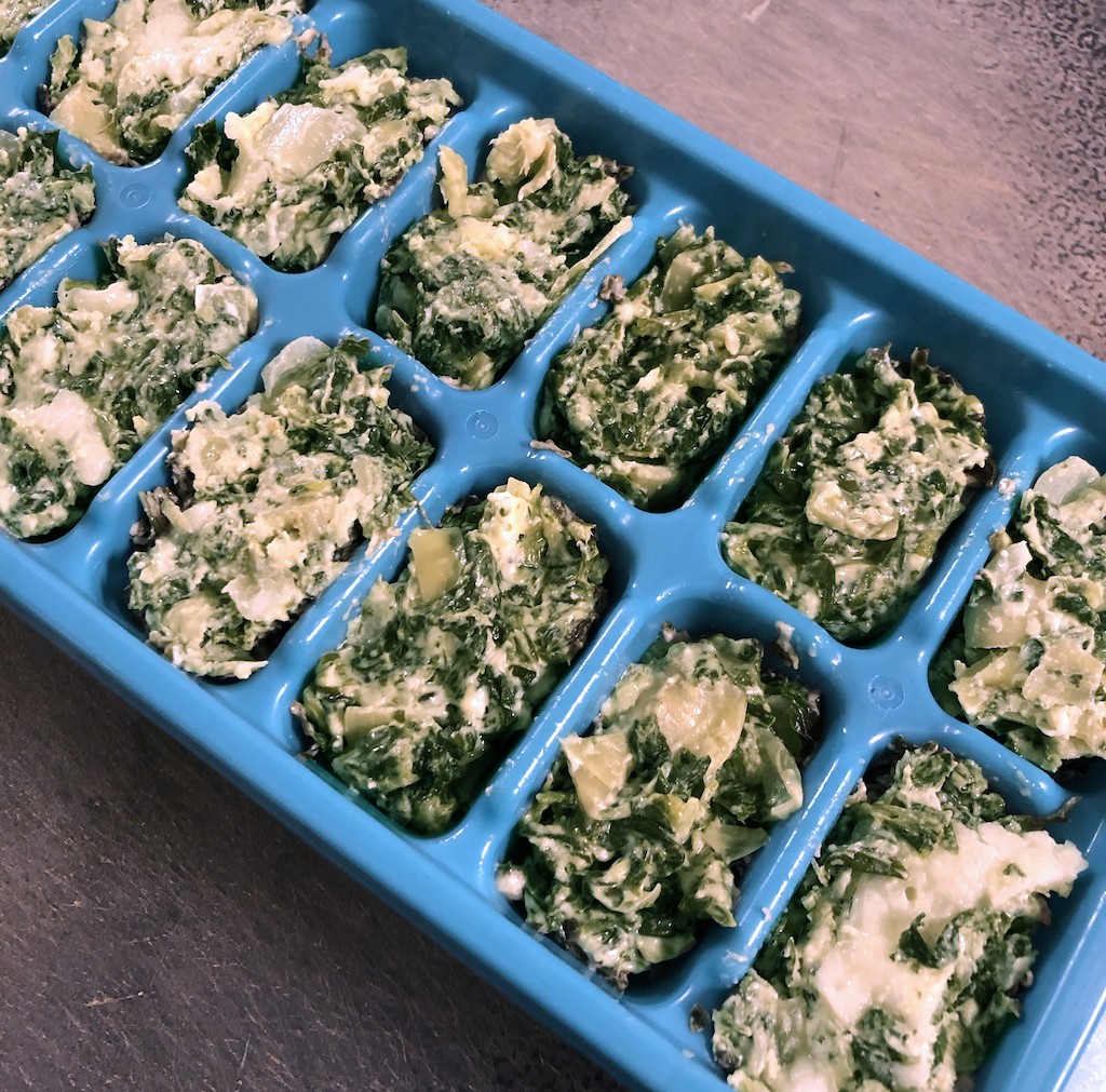 Freeze spinach artichoke dip in ice cube trays