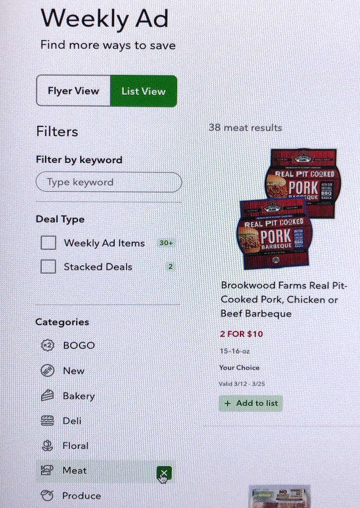 Use the list view of sales flyer to find meats quickly