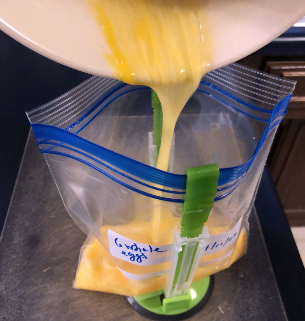 6 eggs work perfectly in a quart freezer bag