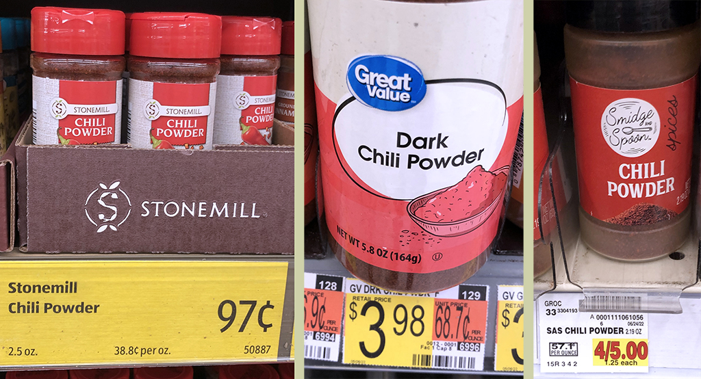 Comparing 3 chili powder prices - Aldi, Walmart, Kroger Smidge & Spoon