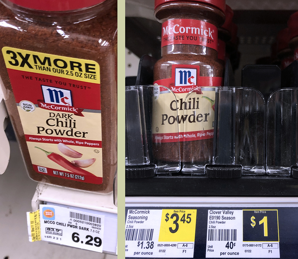 Comparing Kroger McCormick, Dollar General McCormick and Clover Valley chili powder prices