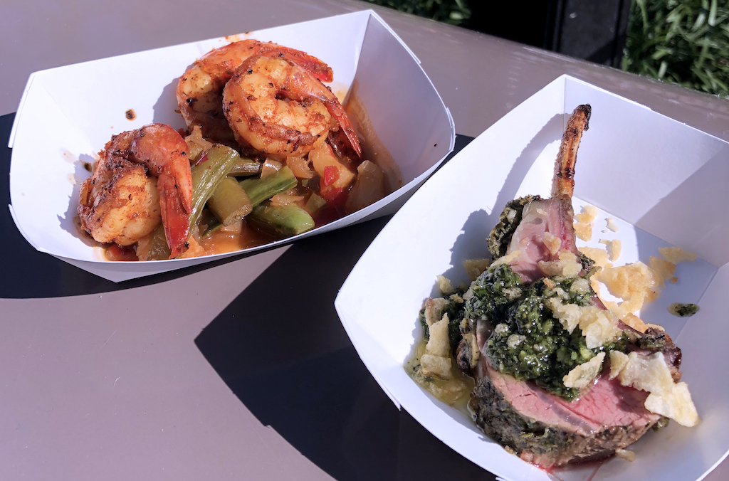 Australian Bush Berry Shrimp and Lamb Chop with Mint Pesto and Potato Crunchies