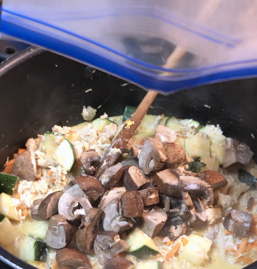 Just drop frozen mushrooms in the pot as is...only 5 minutes till they're done!